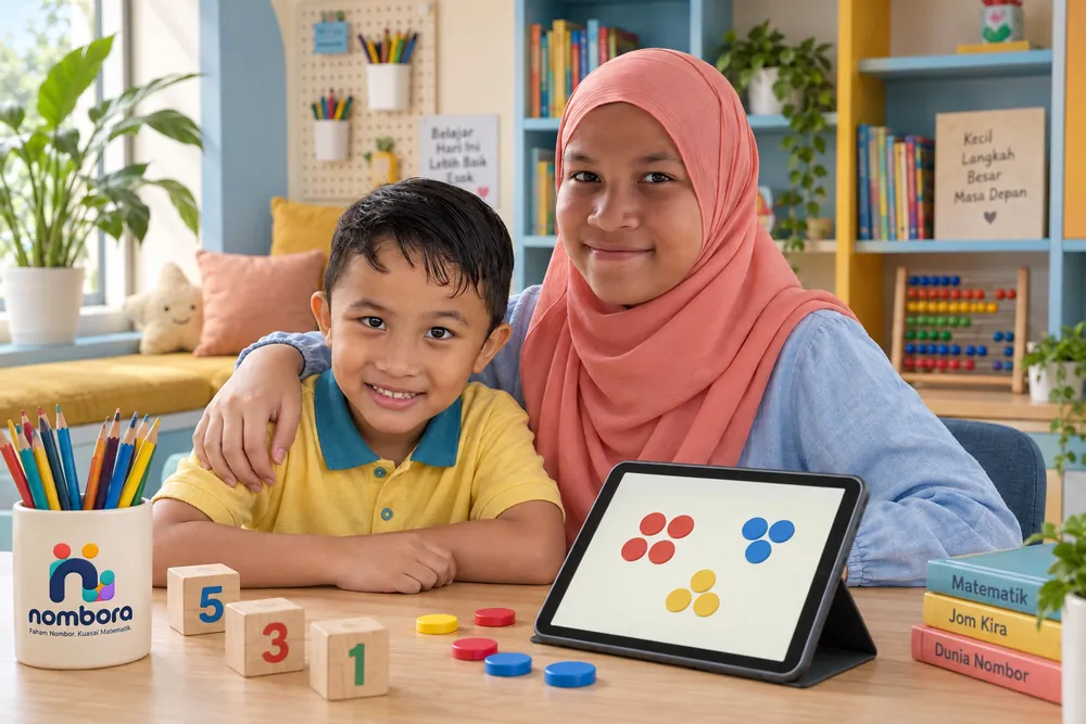 Seorang kakak memeluk bahu adiknya di meja belajar, dengan blok nombor, kaunter berwarna dan tablet Nombora di hadapan mereka.